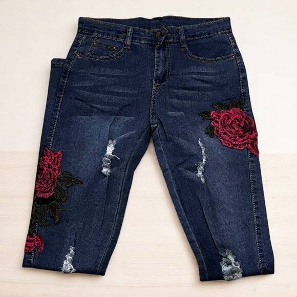 Rose Print Women Blue Jeans - Picture 3 of 7